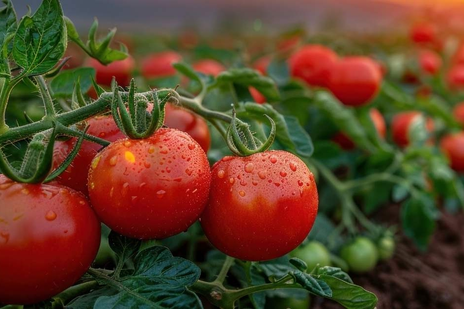 Paisatge d'un hort amb tomàquets vermells a primer pla