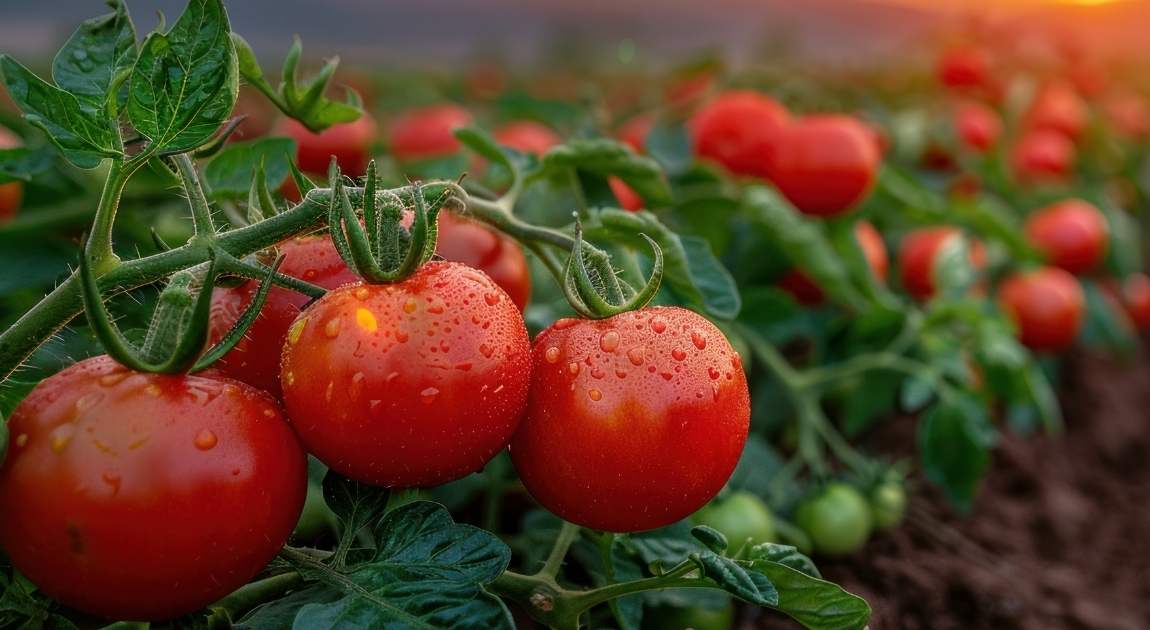 Paisatge d'un hort amb tomàquets vermells a primer pla
