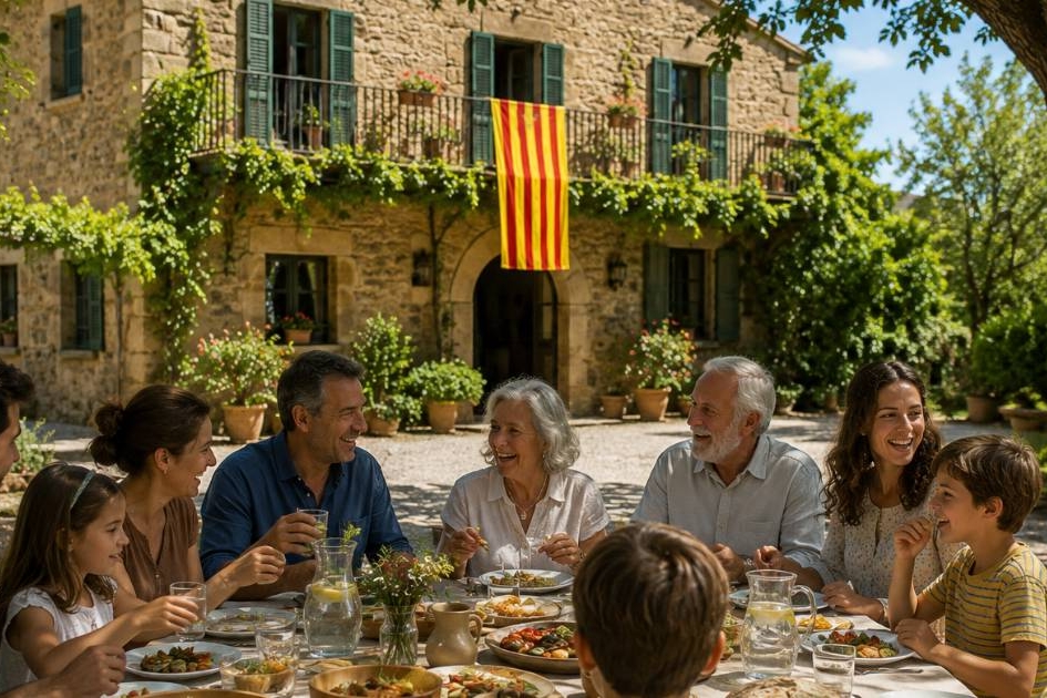 Jardí d'una masia catalana amb una família a taula