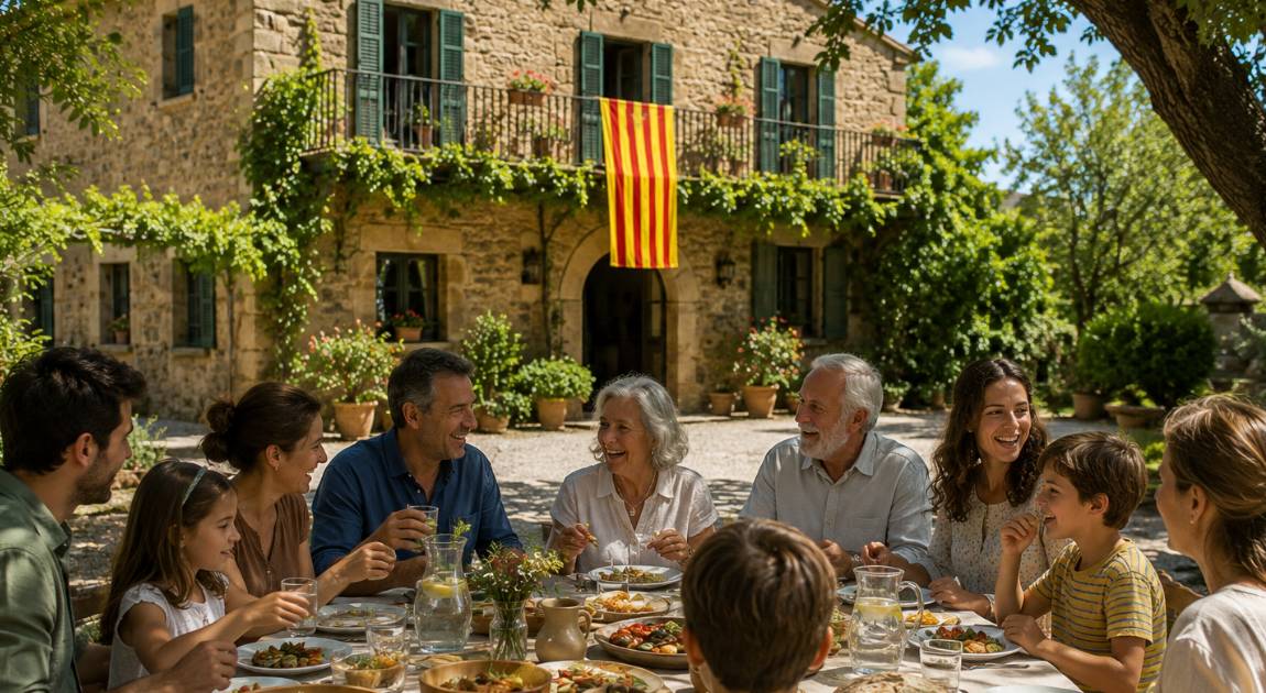 Jardí d'una masia catalana amb una família a taula